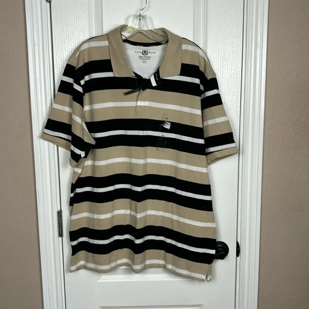 Club Room The Estate Polo Striped‎ Tan/Blk/Wht Pullover Shirt Polo NWT Size XL